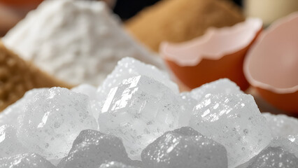 Macro photograph of large, clear rock sugar crystals and brown sugar in the background, with an eggshell.