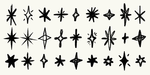 Crayon star and sparkle vector set with rough pencil texture. Hand drawn doodle stars, crosses and sparkles in chalk style. Great for wallpaper, fabric, wrapping paper, print, kids projects © ✦ Bizarre Factory ✦