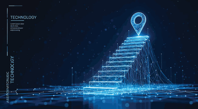 Futuristic glowing blue staircase of data points ascending to location pin icon, symbolizing digital transformation, innovation, and progress toward virtual destinations in a high-tech abstract concep