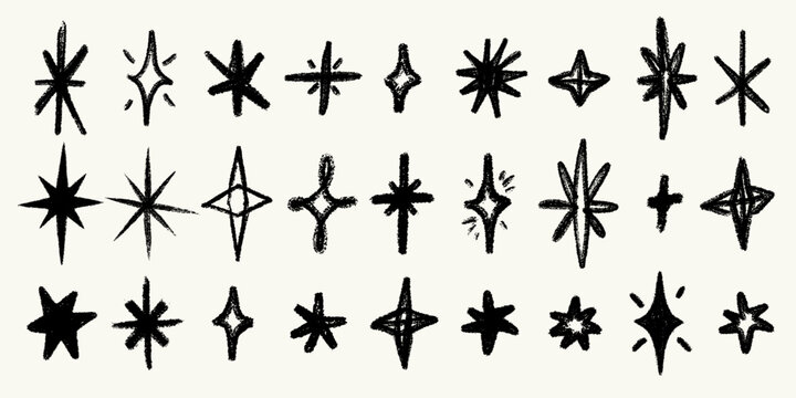 Crayon star and sparkle vector set with rough pencil texture. Hand drawn doodle stars, crosses and sparkles in chalk style. Great for wallpaper, fabric, wrapping paper, print, kids projects