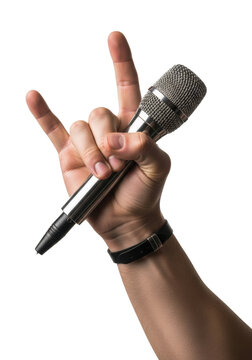 ultra-photorealistic close-up of a mid-30s caucasian male hand performing the corna gesture, firmly gripping a silver dynamic microphone against a transparent studio background with rim light, concept
