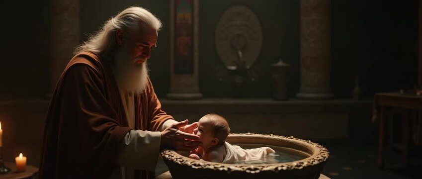 An elderly priest baptizing a newborn baby in a stone font. A sacred religious ceremony in an ancient temple. The concept of faith and new life