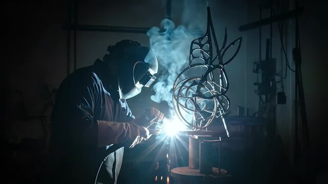 Welder at work, creating metal art with sparks and light.