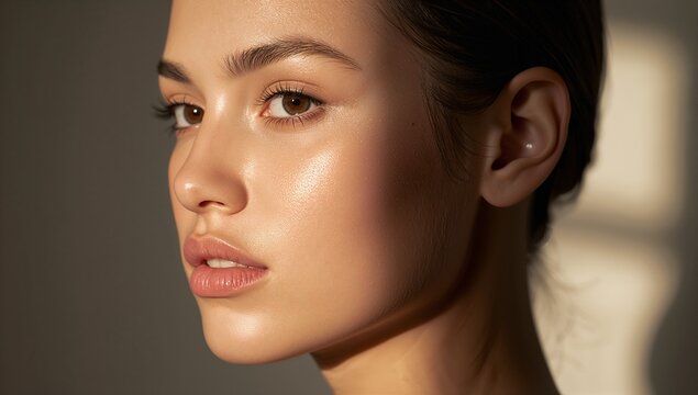 Capturing adult female face showing glossy cheekbone highlights in studio room, with window light