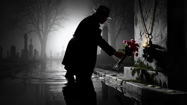 Mysterious Figure in a Dark Cemetery - A Somber Night Scene.