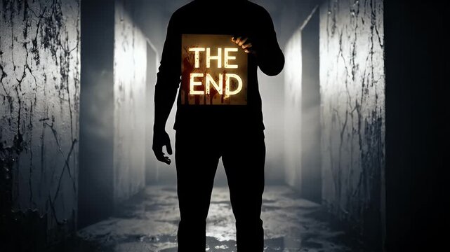 Mysterious Figure Silhouetted in Dark Corridor with Glowing The End Sign.