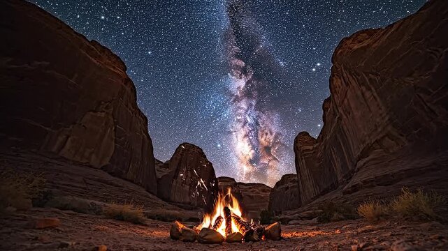 A serene desert canyon night scene with a campfire, rocky cliffs, and a starry Milky Way galaxy view from a ground-level perspective