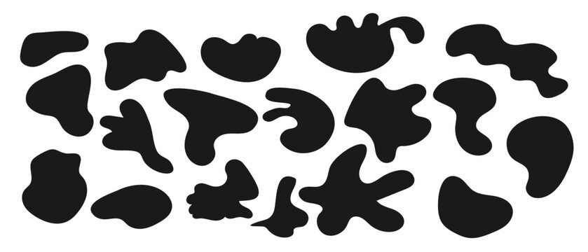Abstract black irregular blob shapes in vector format. Organic freeform liquid forms, perfect for masks, backgrounds, posters, branding, and modern web or mobile UI.