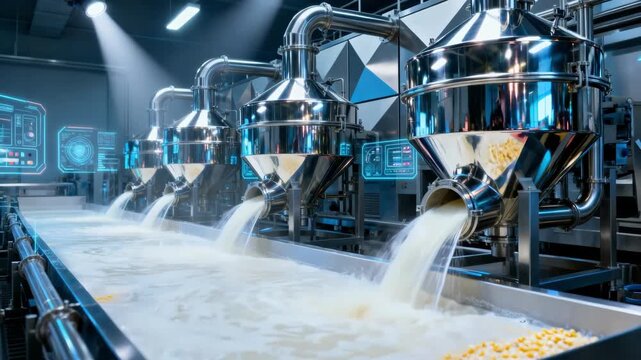 Medium shot of a stainless steel corn wet milling setup highlighting gleaming separators and flowing slurry in a hightech industrial environment.