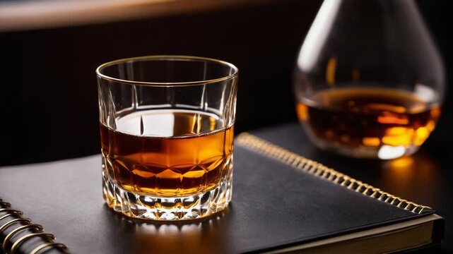Video A glass of whiskey sits on top of an open notebook, perfect for a writer's inspiration or a cozy night in