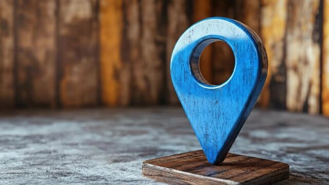 Blue wooden location pin on rustic wooden surface