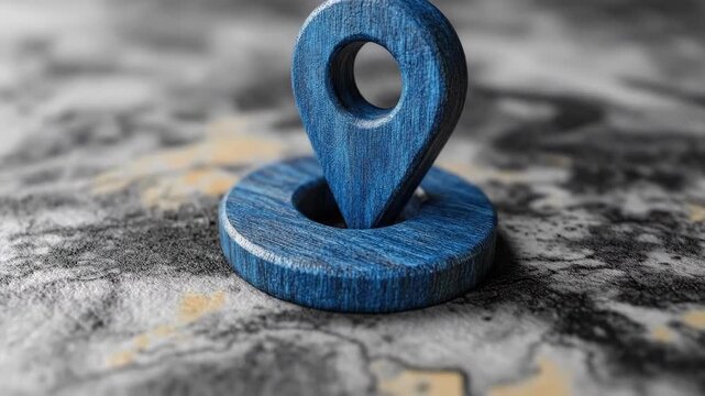 Blue wooden map marker on textured surface for navigation concept
