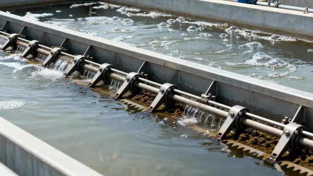 Medium shot of an aerobic wastewater treatment clarifier with bubbling oxygen aeration and mechanical scrapers removing solids before clean water discharge.