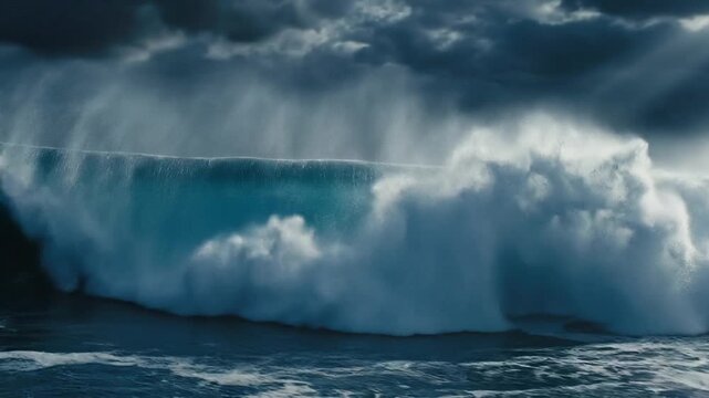 A massive ocean wave crashes under a turbulent sky with dramatic sunrays piercing through dark clouds
