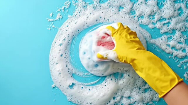 Yellow gloved hand cleaning with pink sponge and soap suds on blue surface