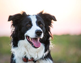 Black and white Border Collie portrait at sunset