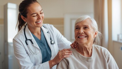 Smiling clinician placing hands on seated patient's shoulder in exam room, lab coat, stethoscope