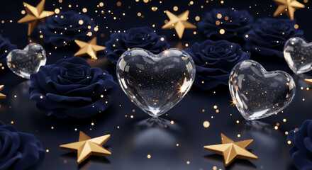 幻想的に輝くガラスのハートと薔薇｜星と光に包まれたロマンチックファンタジー

