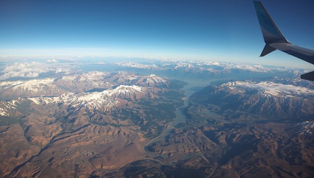Capturing snow-capped peaks and winding river from passenger plane at cruise, with winglet