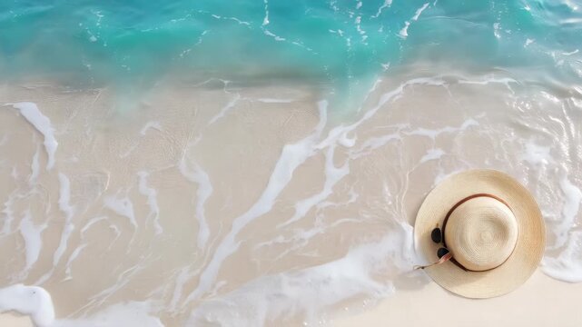 Top down turquoise ocean wave washing over white sand beach with straw sunhat and sunglasses