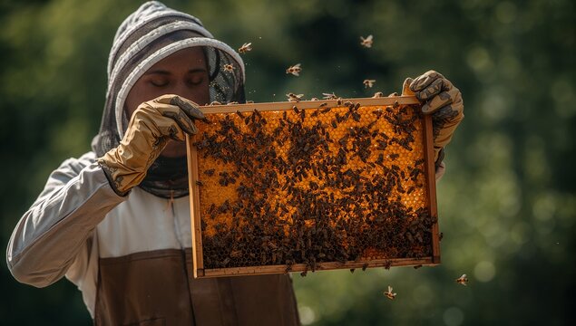 Beekeeper wearing hooded veil and gloves holding honeycomb frame at apiary with flying bees