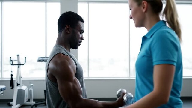 Personal trainer guiding a muscular man during a dumbbell workout in a well-equipped gym with large windows