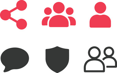Set of social media and user interaction icons share, group, user, chat, security, and people icons