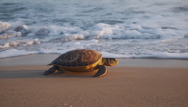 Crawling single sea turtle showing patterned shell and flippers on wet sand near foamy surf