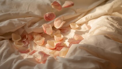 Falling pale pink rose petals drifting onto rumpled cream duvet on unmade bed, warm sunlight