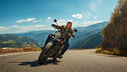 Obraz premium Leaning rider wearing brown leather jacket taking mountain curve, showing cruiser and no helmet