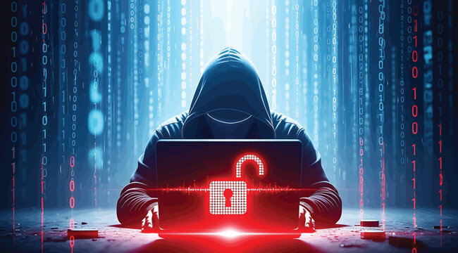 Stylized hooded figure with glowing eyes and open red padlock on laptop screen, surrounded by digital code, symbolizing cybersecurity threats, hacking, and data breaches in a dramatic tech-themed conc