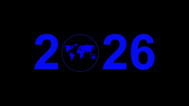 Aerial view of year text with 2026 and Earth icon for environmental awareness, sustainability goals, and climate change action, happy new year and environment day, Motion graphics of year concept