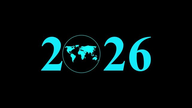 Aerial view of year text with 2026 and Earth icon for environmental awareness, sustainability goals, and climate change action, happy new year and environment day, Motion graphics of year concept