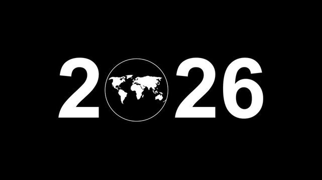 Aerial view of year text with 2026 and Earth icon for environmental awareness, sustainability goals, and climate change action, happy new year and environment day, Motion graphics of year concept