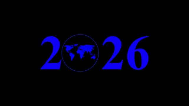 Aerial view of year text with 2026 and Earth icon for environmental awareness, sustainability goals, and climate change action, happy new year and environment day, Motion graphics of year concept