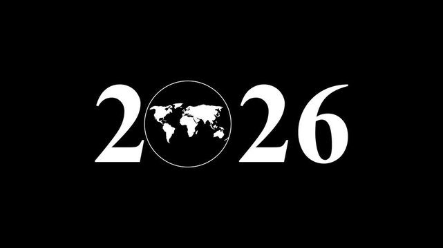 Aerial view of year text with 2026 and Earth icon for environmental awareness, sustainability goals, and climate change action, happy new year and environment day, Motion graphics of year concept