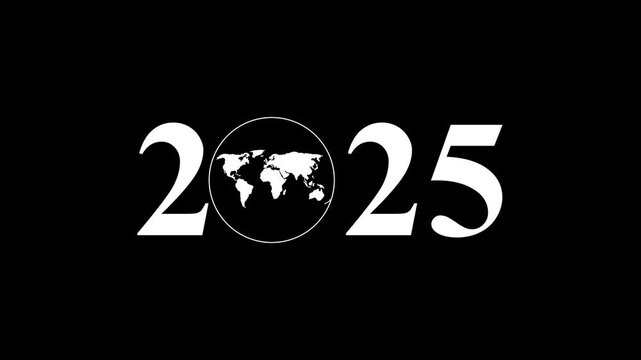 Aerial view of year text with 2025 and Earth icon for environmental awareness, sustainability goals, and climate change action, happy new year and environment day, Motion graphics of year concept