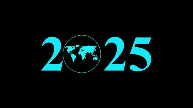 Aerial view of year text with 2025 and Earth icon for environmental awareness, sustainability goals, and climate change action, happy new year and environment day, Motion graphics of year concept