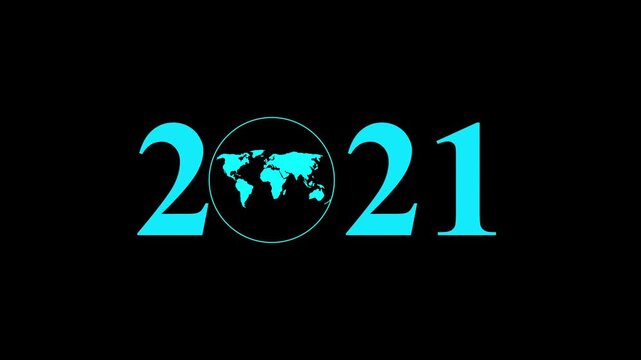 Aerial view of year text with 2021 and Earth icon for environmental awareness, sustainability goals, and climate change action, happy new year and environment day, Motion graphics of year concept