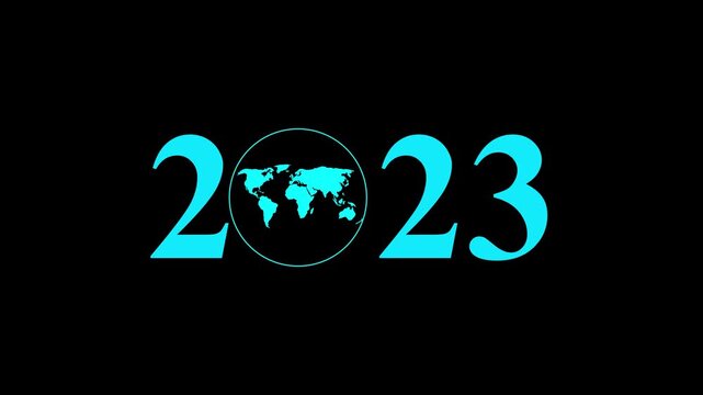 Aerial view of year text with 2023 and Earth icon for environmental awareness, sustainability goals, and climate change action, happy new year and environment day, Motion graphics of year concept
