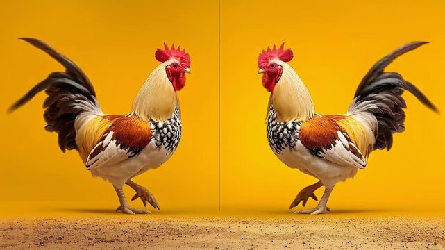 Colorful Rooster Standing Proudly on Ground Against Yellow Background