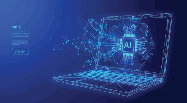 Wireframe laptop with glowing blue AI microchip and neural-style nodes, symbolizing artificial intelligence, machine learning, and data connectivity in a futuristic digital computing concept illustrat