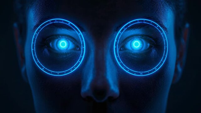 Activating female cyborg face initializing ringed eye implants in studio after pupil lights rising