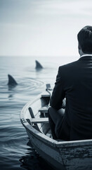 Fototapeta premium Businessman sits in small boat, facing unseen danger symbolized by shark fins in water, representing business risk, uncertainty, and challenge