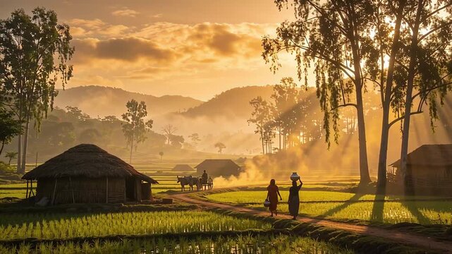 Golden Hour in Rural Village Serene Morning Landscape.