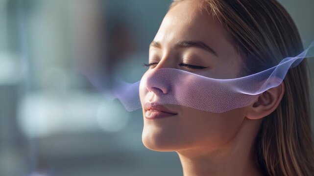 Receiving violet ribbon sweeping right, model eyes closed in spa orbs clustering near nose skin ad