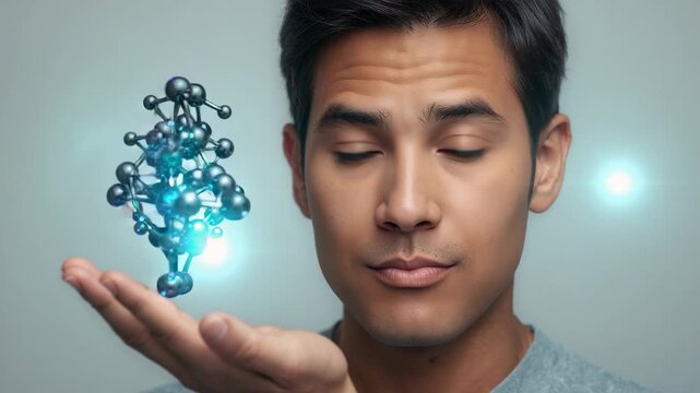 Holding palm-up man in gray top watching molecule appearing, rotating blue nodes in studio teaching