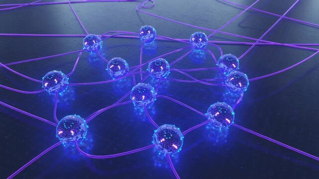 Showing blue glass nodes rising sparks, shifting purple cables on dark plane, frames advancing