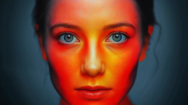 Recording woman breathing and microblinking while holding direct gaze in studio, with warm gels