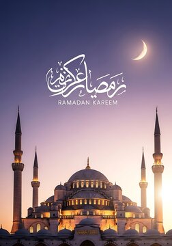 Blue mosque at night. Ramadan kareem illustration greeting card. Lantern with ramadan kareem arabic text calligraphy on dark background. 